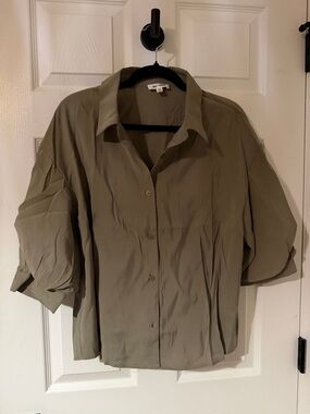 & Other Stories Olive Green Button-Front Puff Sleeve Shirt